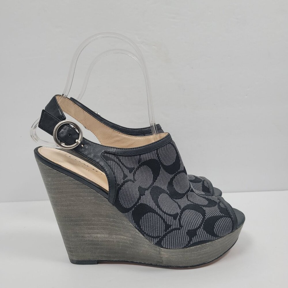Coach Janet Signature C Women's Black Platform Wedge Peep Toe Heels US Size 6B